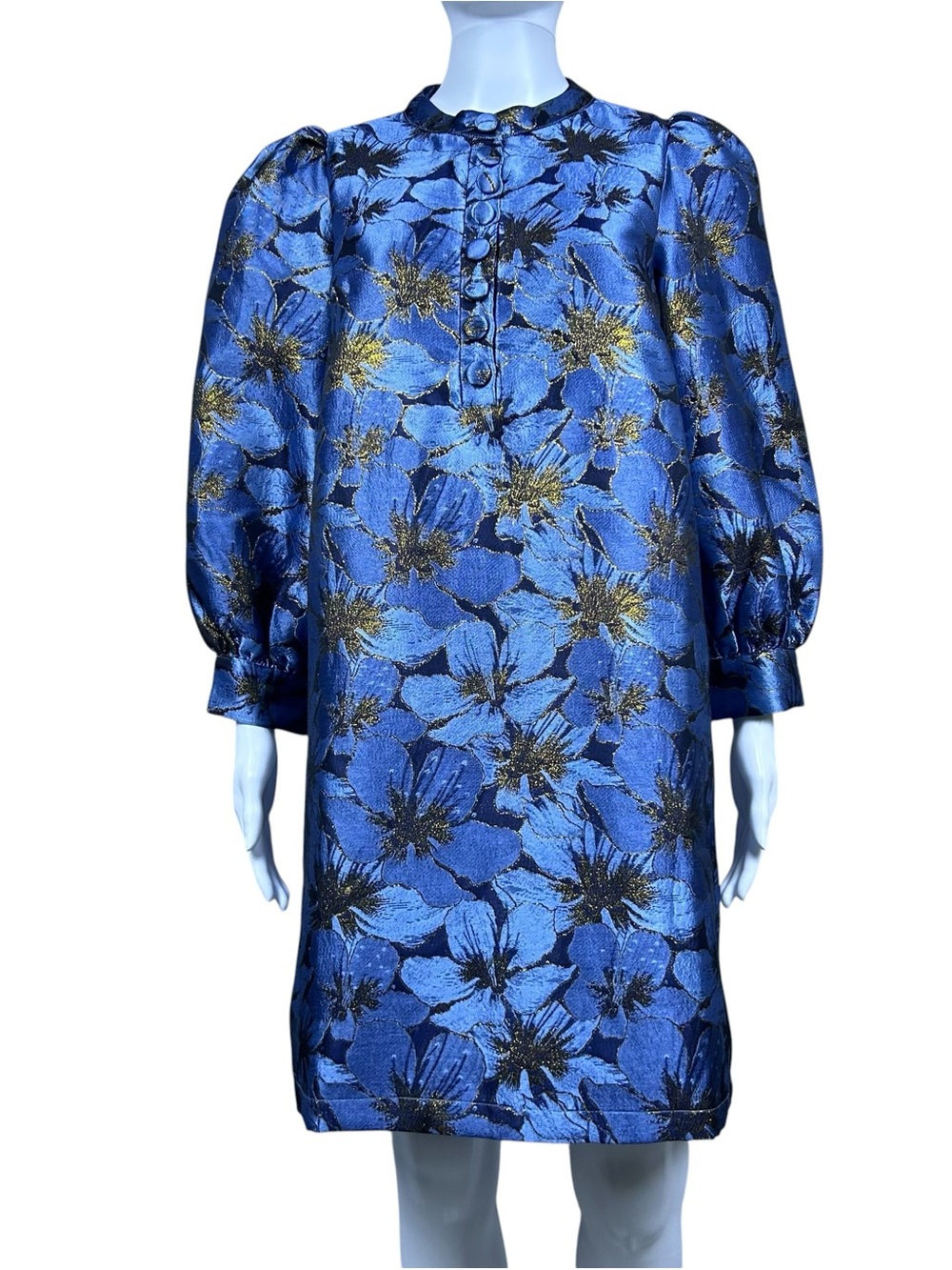 Pomander Place Tuckernuck Samantha Dress M Blue Gold Floral Jacquard Textured - Picture 3 of 16